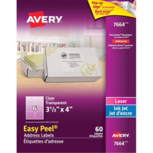 Étiquettes transparentes Avery faciles à décoller, 4" x 3 1/3", permanentes, 10 feuilles/enveloppe