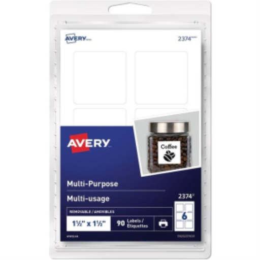Étiquettes polyvalentes amovibles Avery pour imprimantes laser et jet d'encre, 1½" x 1½", blanches mates, amovibles