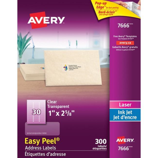 Étiquettes transparentes Avery Easy Peel, 2 5/8" x 1", permanentes, 10 feuilles/enveloppe