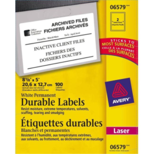 Étiquettes d'identification durables Avery TrueBlock, 8 1/8" x 5", permanentes