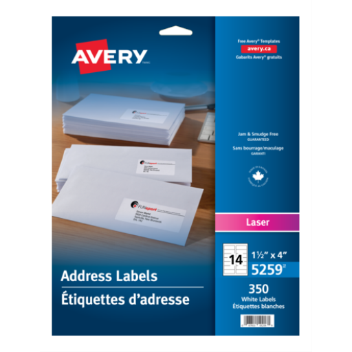 Étiquettes blanches Avery, 4" x 1 1/2", permanentes, 25 feuilles/enveloppe, 350 étiquettes