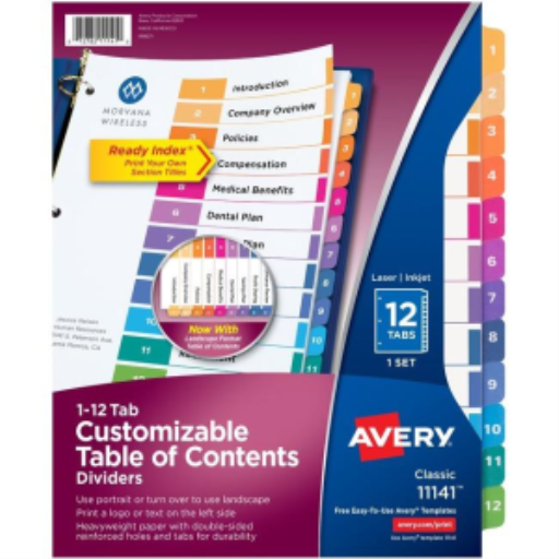 Intercalaires Avery Ready Index Table des matières, 12 onglets, 1 jeu