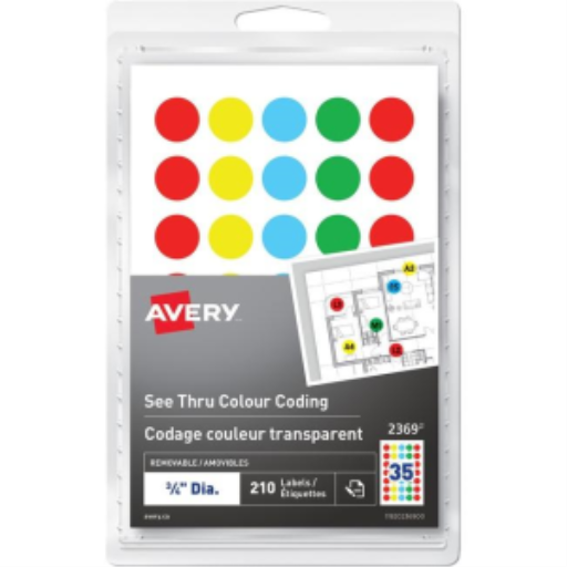 Étiquettes de codage couleur transparentes amovibles Avery à écrire à la main, ¾", couleurs assorties, amovibles