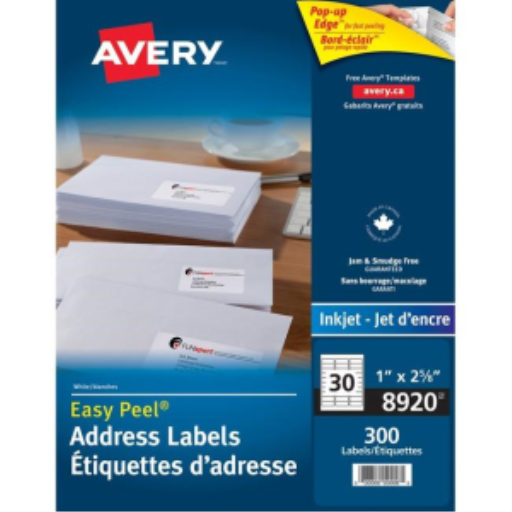 Étiquettes blanches Avery Easy Peel, 2 5/8" x 1", permanentes, 10 feuilles/enveloppe