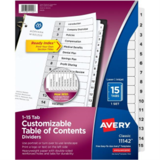 Intercalaires Avery Ready Index pour table des matières, 15 onglets, 1 jeu