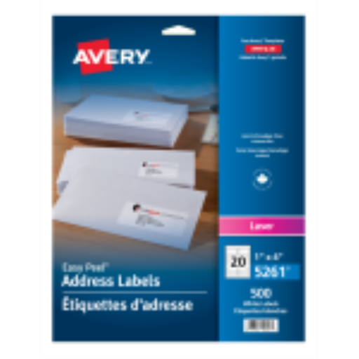 Étiquettes blanches Avery Easy Peel, 4" x 1", permanentes, 25 feuilles/enveloppe