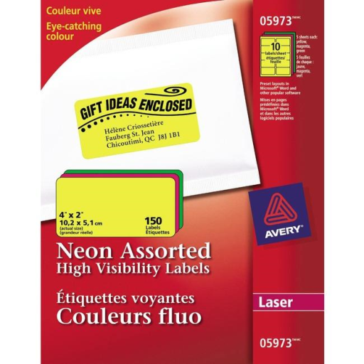 Étiquettes haute visibilité Avery, 4" x 2", couleurs néon assorties, permanentes