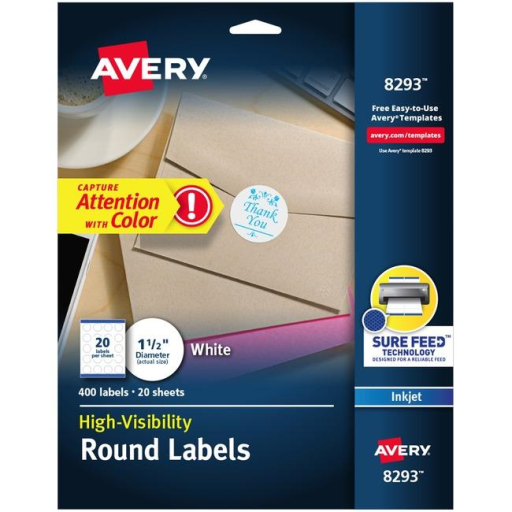 Étiquettes haute visibilité Avery, rondes de 1 1/2" de diamètre, blanches, permanentes