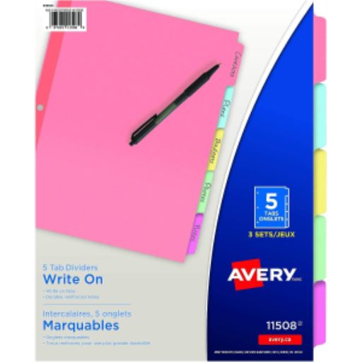 Intercalaires Avery à écrire, 5 onglets, 3 jeux, multicolores, simples