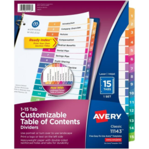 Intercalaires Avery Ready Index pour table des matières, 15 onglets, 1 jeu