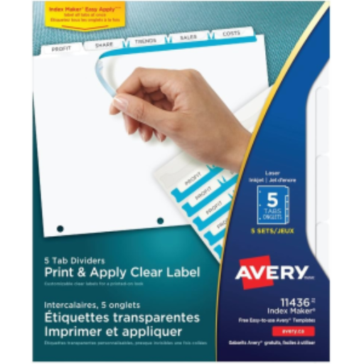 Intercalaires Avery Index Maker avec étiquettes transparentes, 5 onglets, 5 jeux, blancs