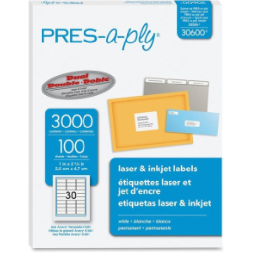 Étiquettes Avery Pres-a-ply, laser, 1" x 2 5/8", blanc, 3000 étiquettes