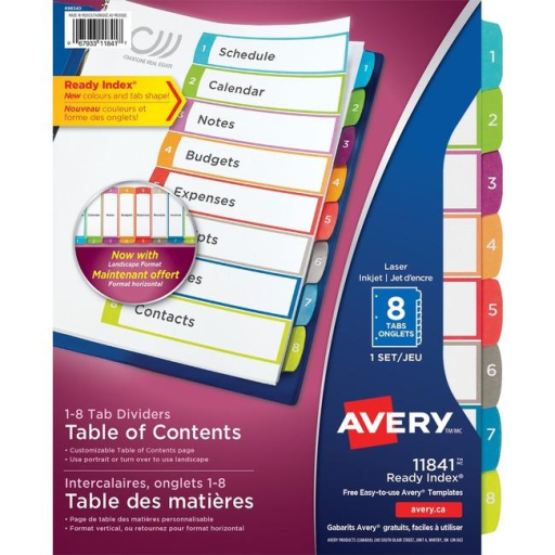 Onglets arqués Avery Ready Index pour laser/jet d'encre, contemporain, 1-8