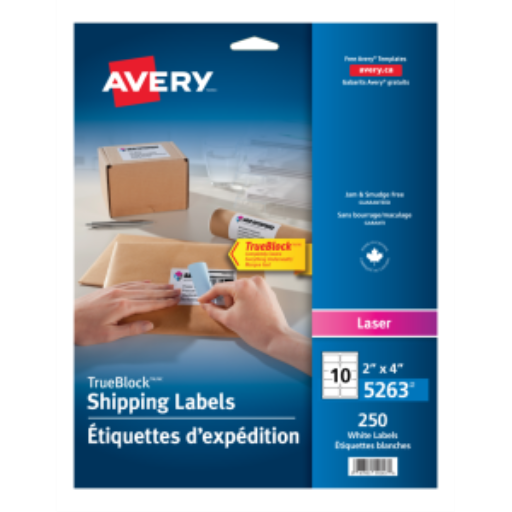 Étiquettes Avery TrueBlock blanches, 4" x 2", permanentes, 25 feuilles/enveloppe