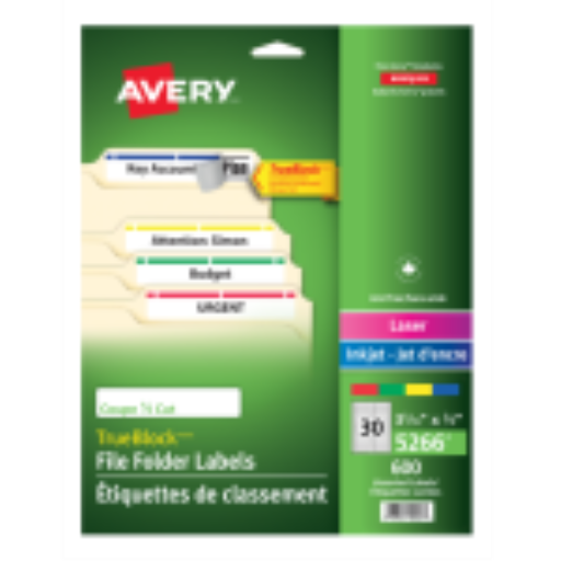 Étiquettes de classement Avery TrueBlock, 3 7/16" x 2/3", permanentes, assorties