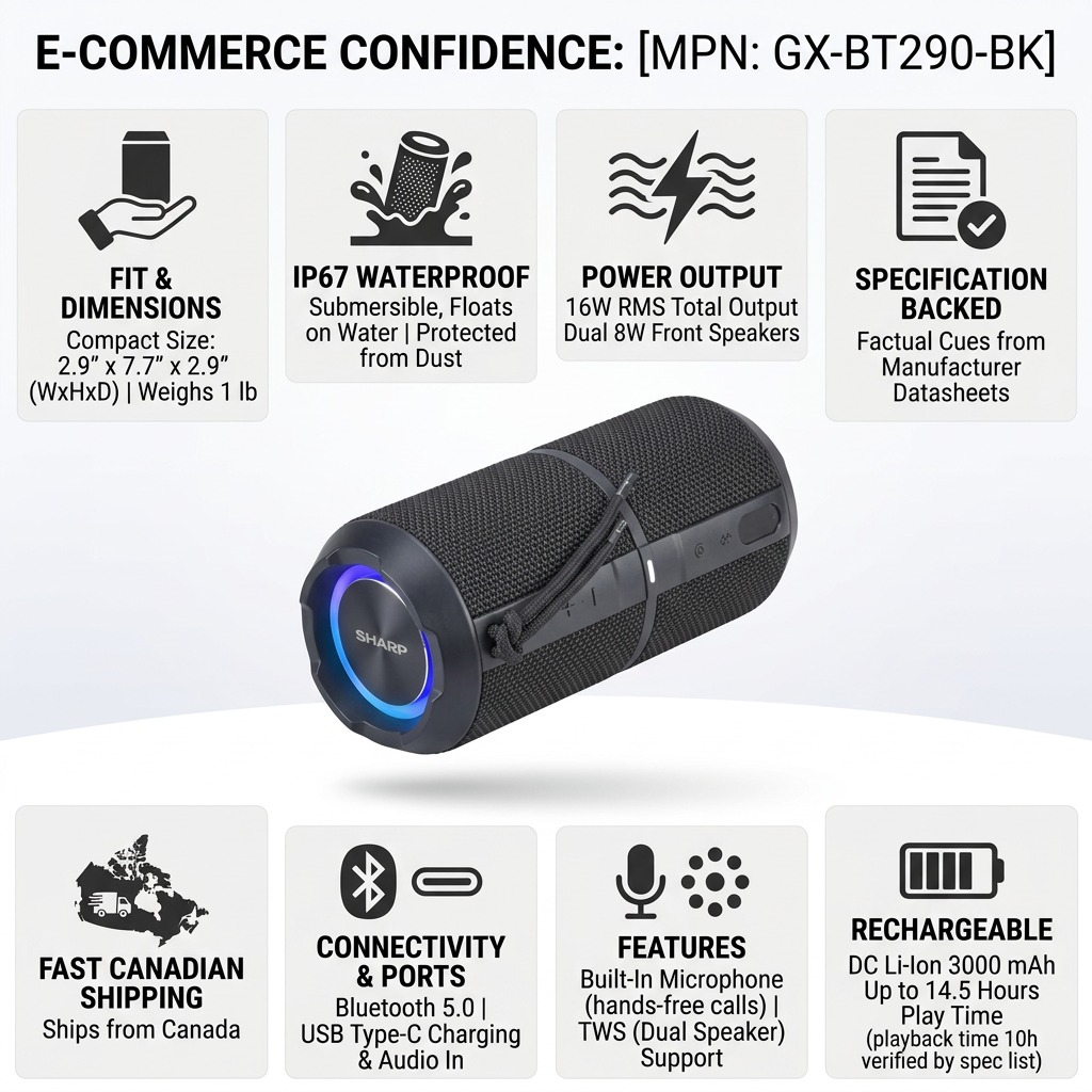 Sharp GX-BT290-BK Crystal Clear Series Portable Bluetooth Speaker - 32W, IP67 Waterproof with RGB Lights, Black