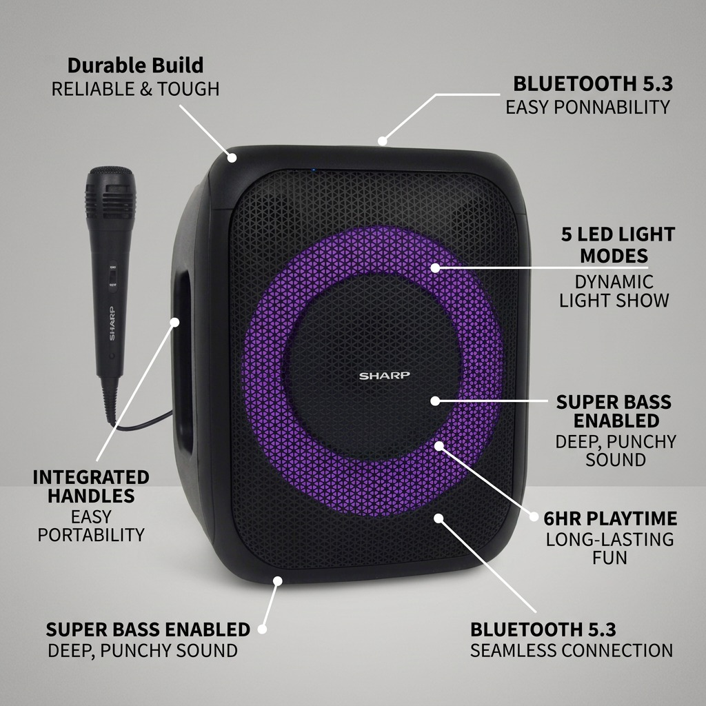 Sharp PS-914 Compact Portable Party Speaker - 20W Rms, Bluetooth 5.3 & LED Lights