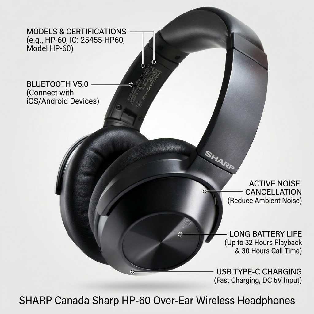 Sharp HP-60 Over - Ear Wireless Headphones with Active Noise Cancellation & 20-Hour Battery Life