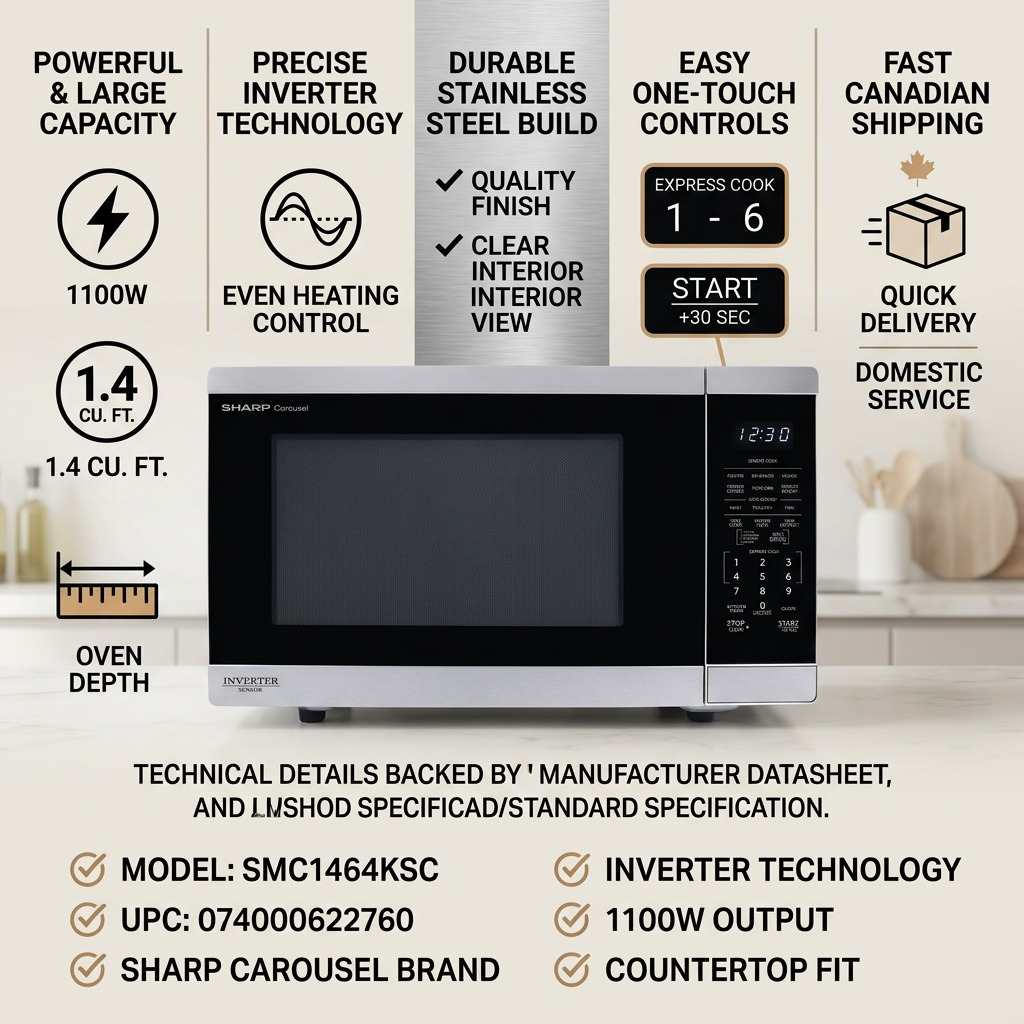 Sharp SMC1464KSC Carousel Countertop Microwave Oven with Inverter Technology 1.4 cu. ft. 1100W Stainless Steel