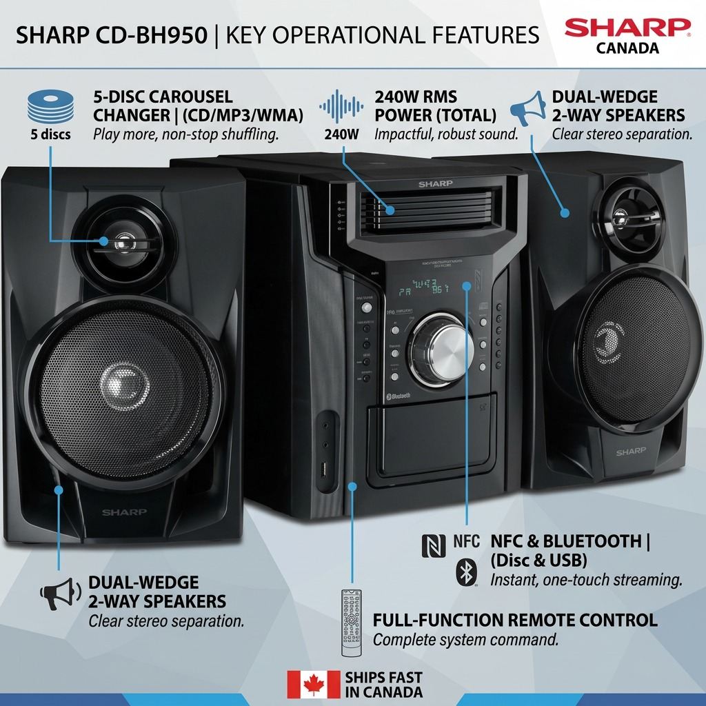 Sharp CD-BH950 240W 5-Disc Mini Shelf Speaker System with Cassette and Bluetooth Audio