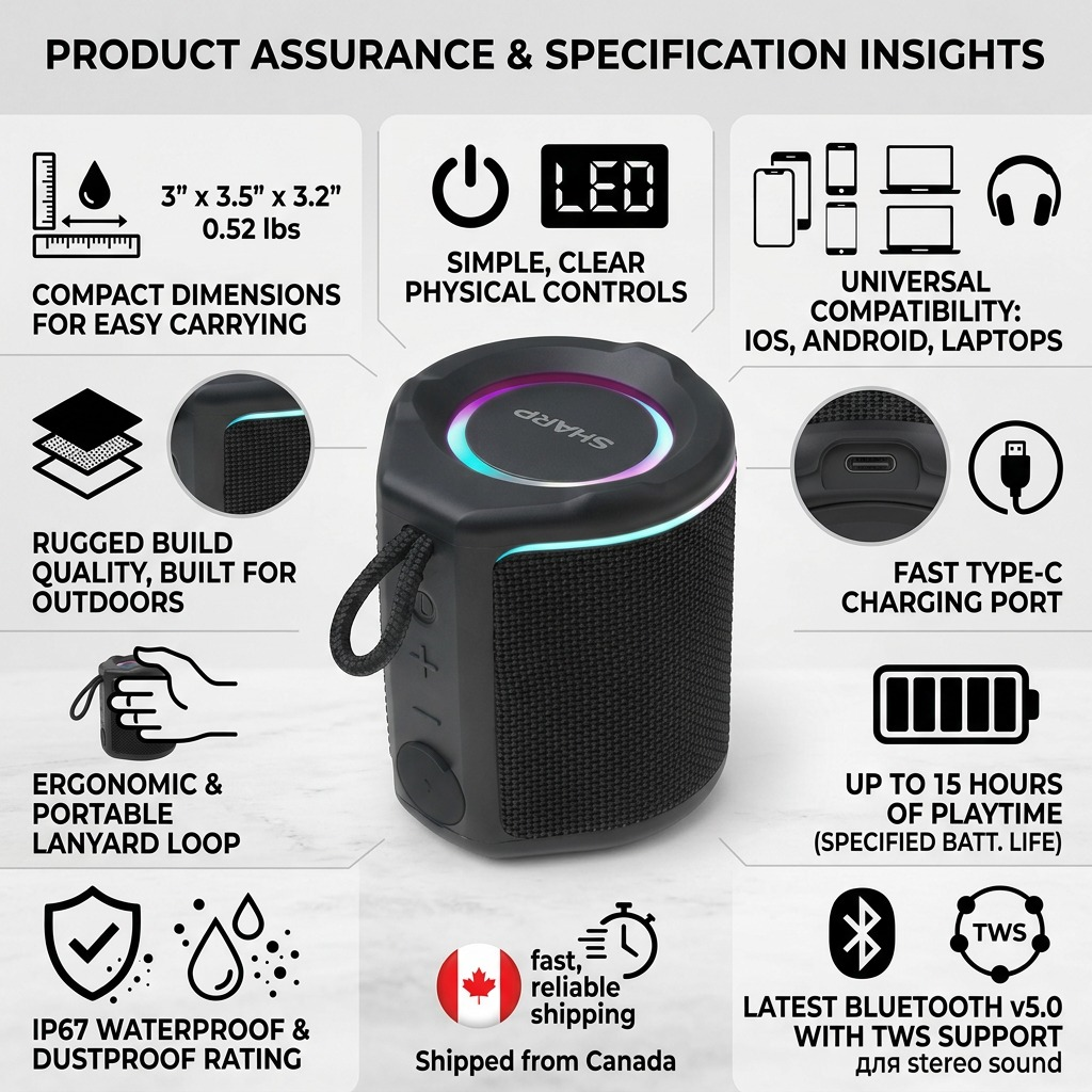 Sharp GX-BT190-BK Ultra - Portable Bluetooth Speakers - IP67 Waterproof & Dustproof, 15-Hour Battery, LED Mood Lighting - Black