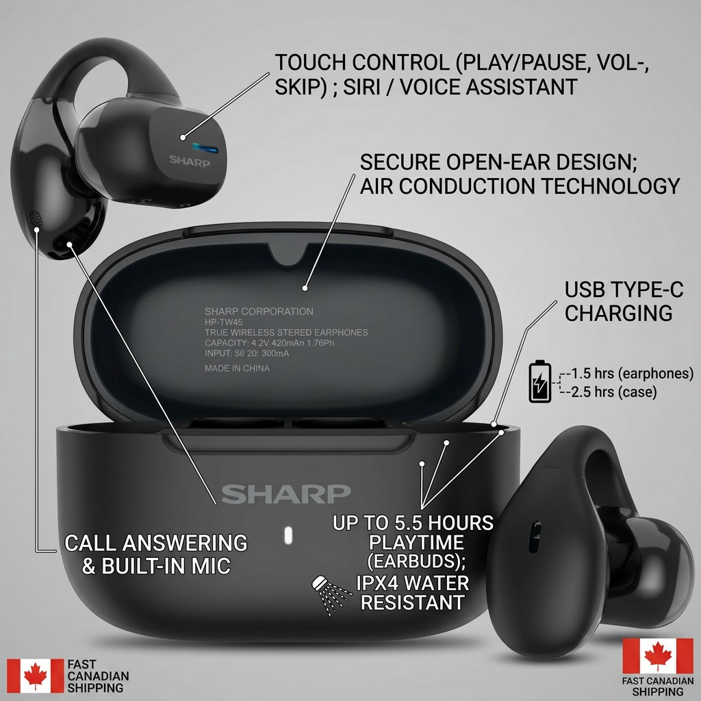 Sharp HP-TW45-BK Earclip Open - Ear True Wireless Earbuds - Secure Fit, IPX4 Water Resistant