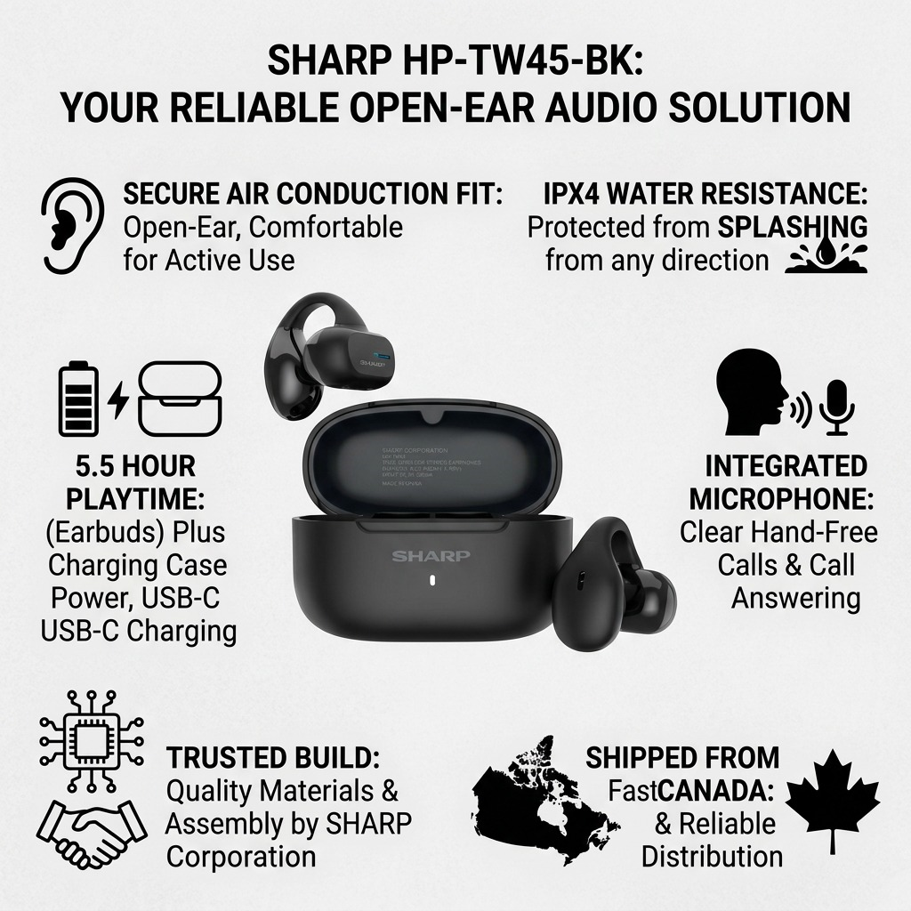 Sharp HP-TW45-BK Earclip Open - Ear True Wireless Earbuds - Secure Fit, IPX4 Water Resistant