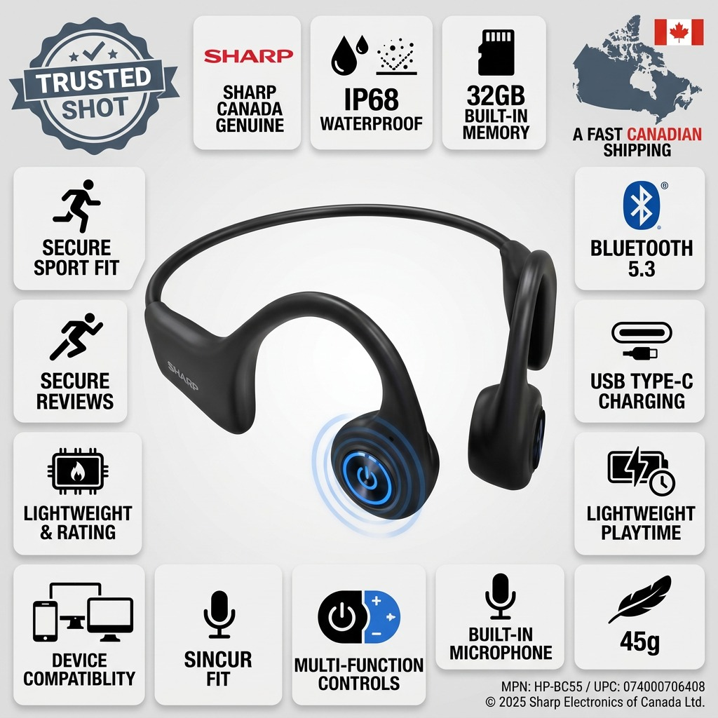 Sharp HP-BC55 Bone Conduction Wearable Audio - IP66 Waterproof, 2GB Memory, Bluetooth 5.0