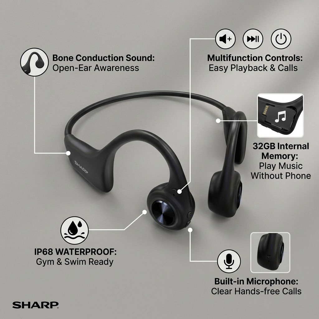Sharp HP-BC55 Bone Conduction Wearable Audio - IP66 Waterproof, 2GB Memory, Bluetooth 5.0