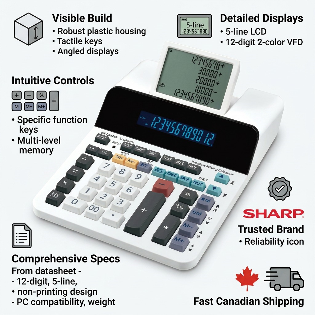 Sharp EL-DP9001 12 Digit 5 Line Display Paperless Printing Calculator