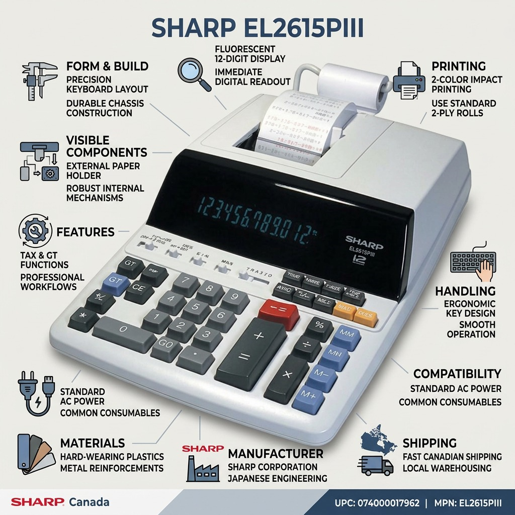 Sharp EL-2615PIII Fluorescent 12-Digit 2-Color Printing Calculator