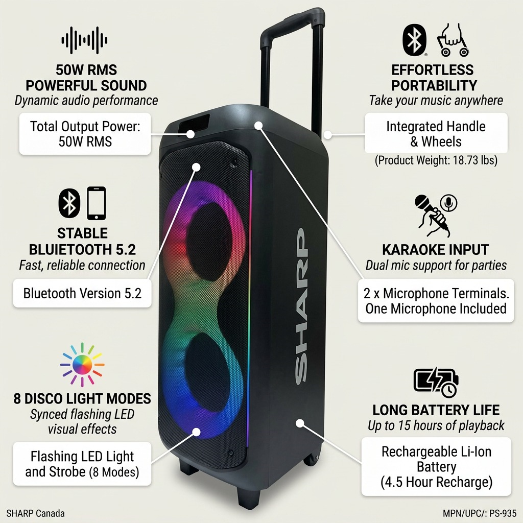 Sharp PS-935 Portable Party Speaker - 50W Rms, 15-Hour Battery, Bluetooth 5.2 & Karaoke
