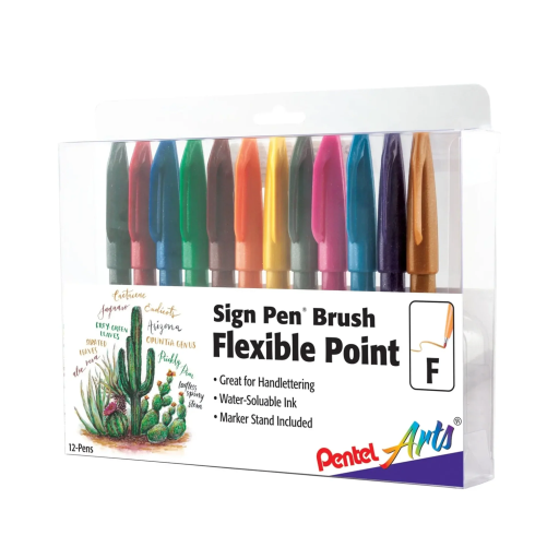 Pentel Brush Sign Pen Set 1 Colours 12PC PK Asstd. (A/D/F/V/S/G/C/B/E/P/N/Y)