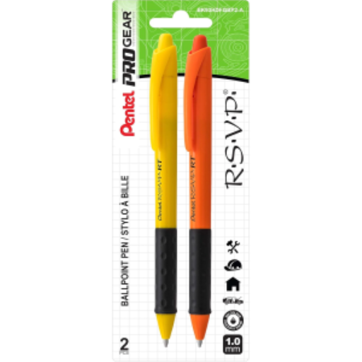 R.S.V.P. Safety Colour Barrel Ballpoint Pen Retractable, Black Ink, 2PC Pack