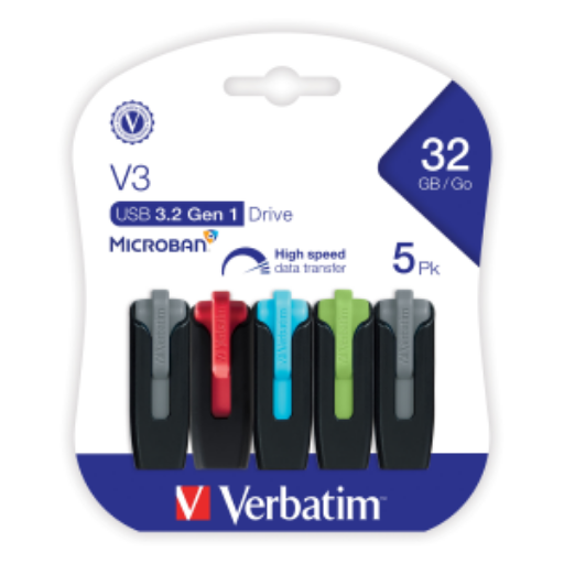 Clé USB 3.2 Gen 1 Verbatim Store 'n' Go V3 32 Go – paquet de 5, couleurs variées (70900)