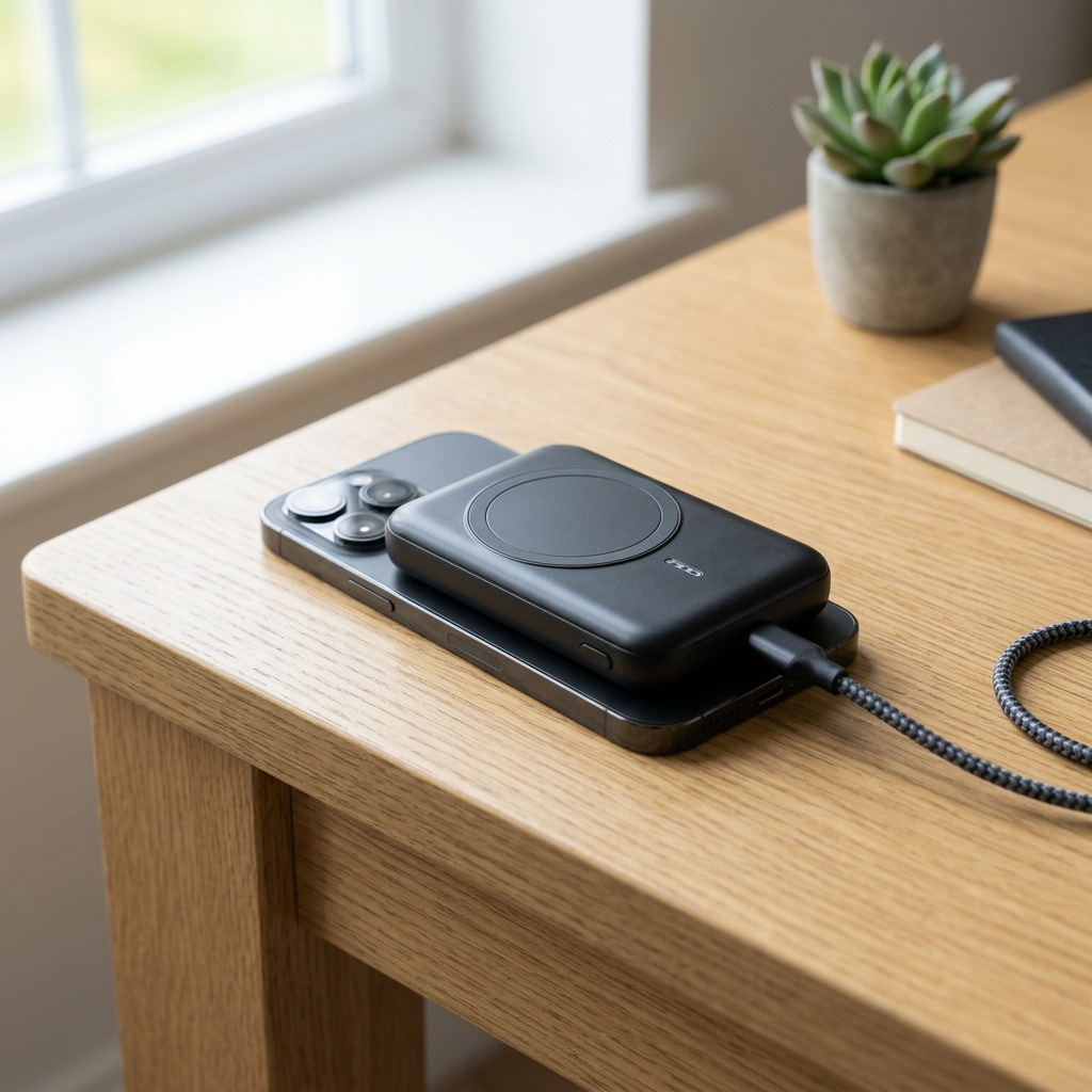 A lifestyle photo of the black Verbatim magnetic power bank wirelessly charging a smartphone on a modern desk.