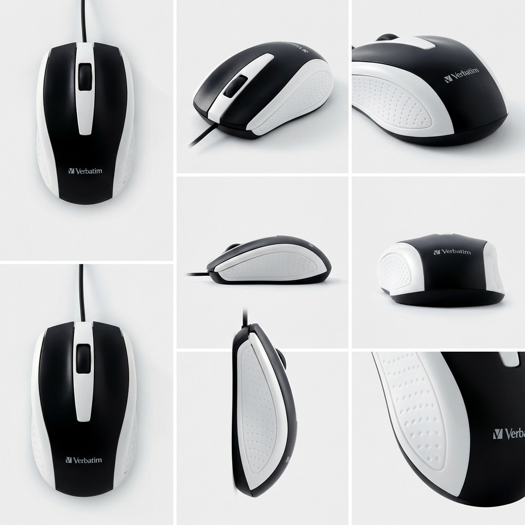 A 3x2 grid showing the white Verbatim Bravo Wired Optical Mouse from six different precise angles, including top, front, back, and both sides, against a clean, light-grey studio background.