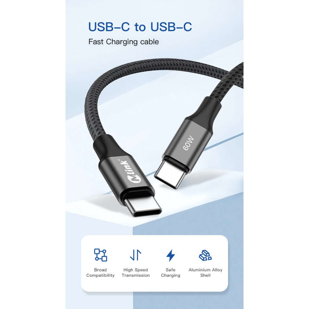 Câble de Charge Rapide USB-C Mlink 60W – Nylon Tressé Haute Durabilité