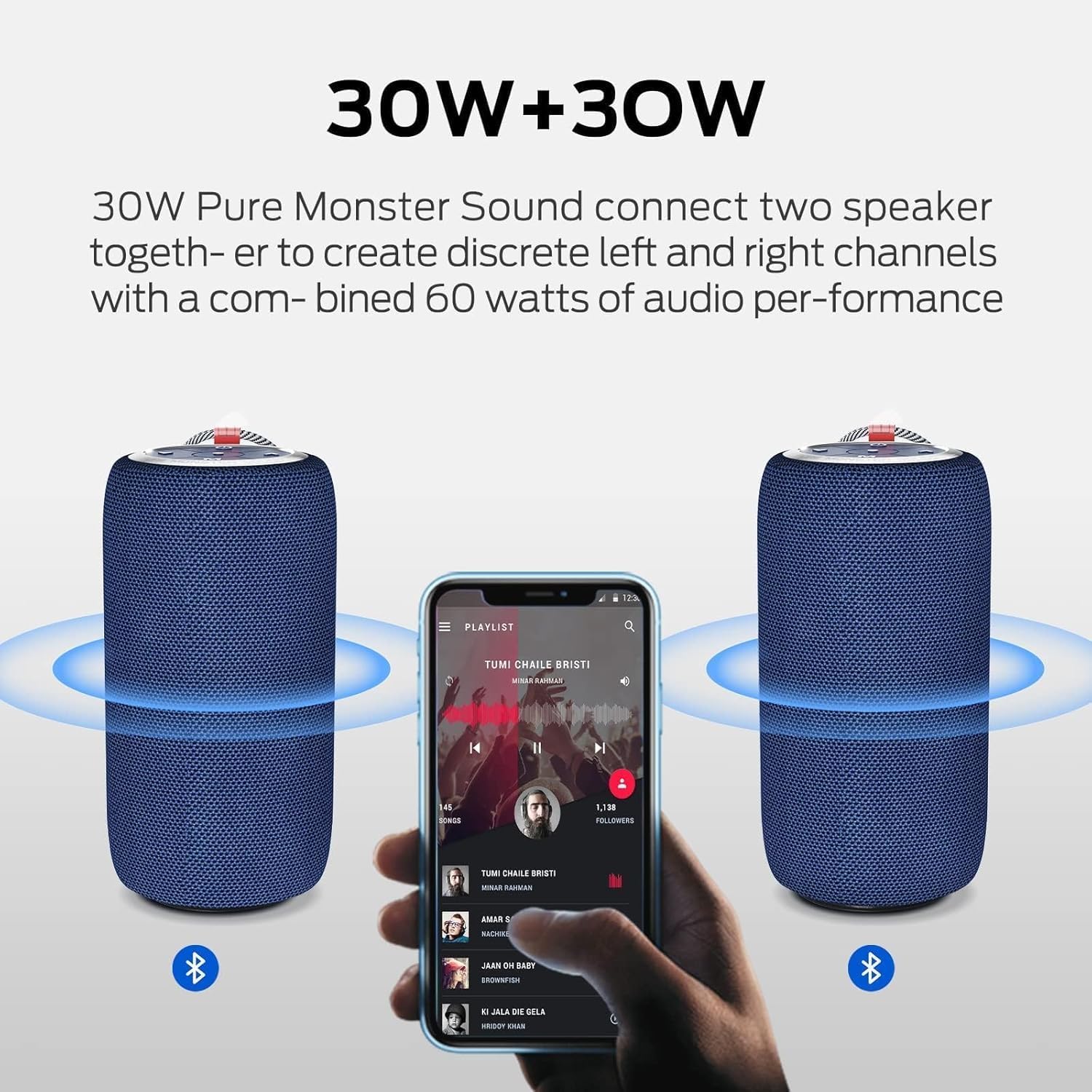 Monster S310 Haut-parleur Bluetooth portable, véritable appariement stéréo sans fil de 30W - Bleu
