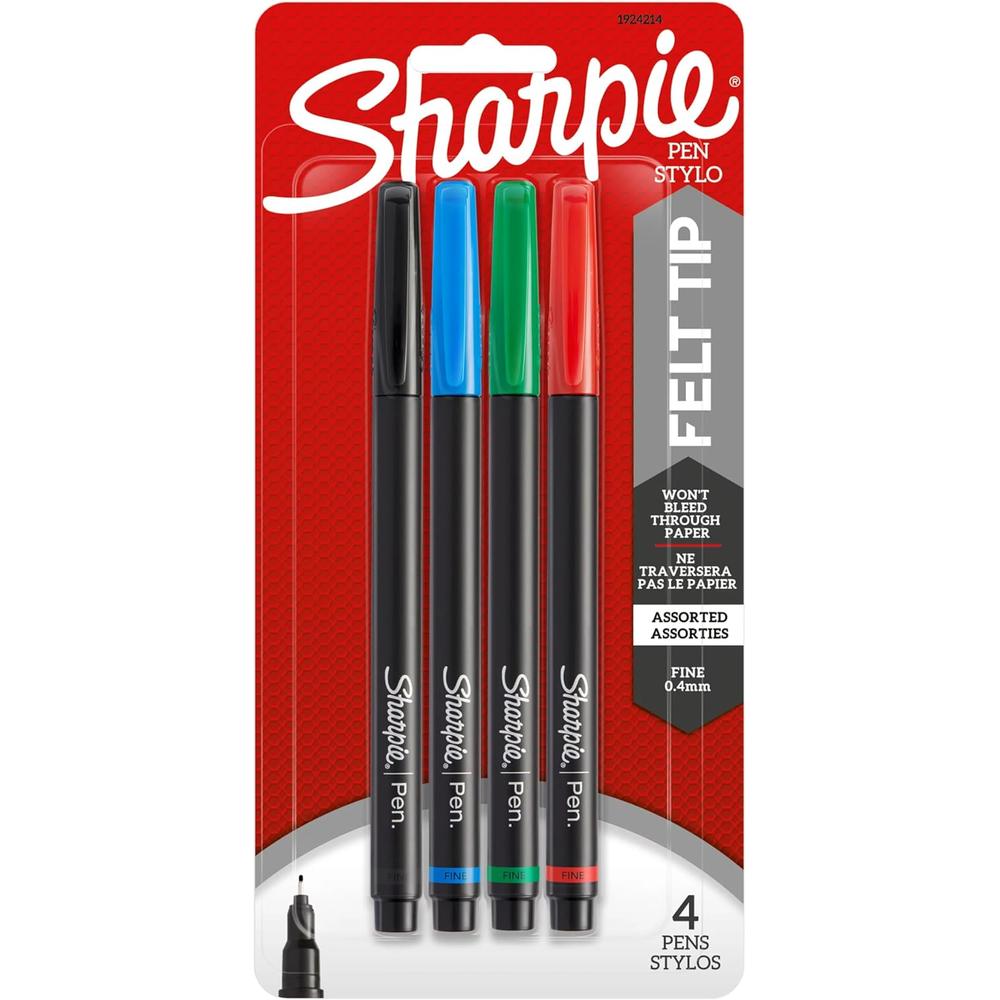 Sharpie Pens, Felt Tip, Fine Point (0.4 mm), Assorted Colours, 4 Count