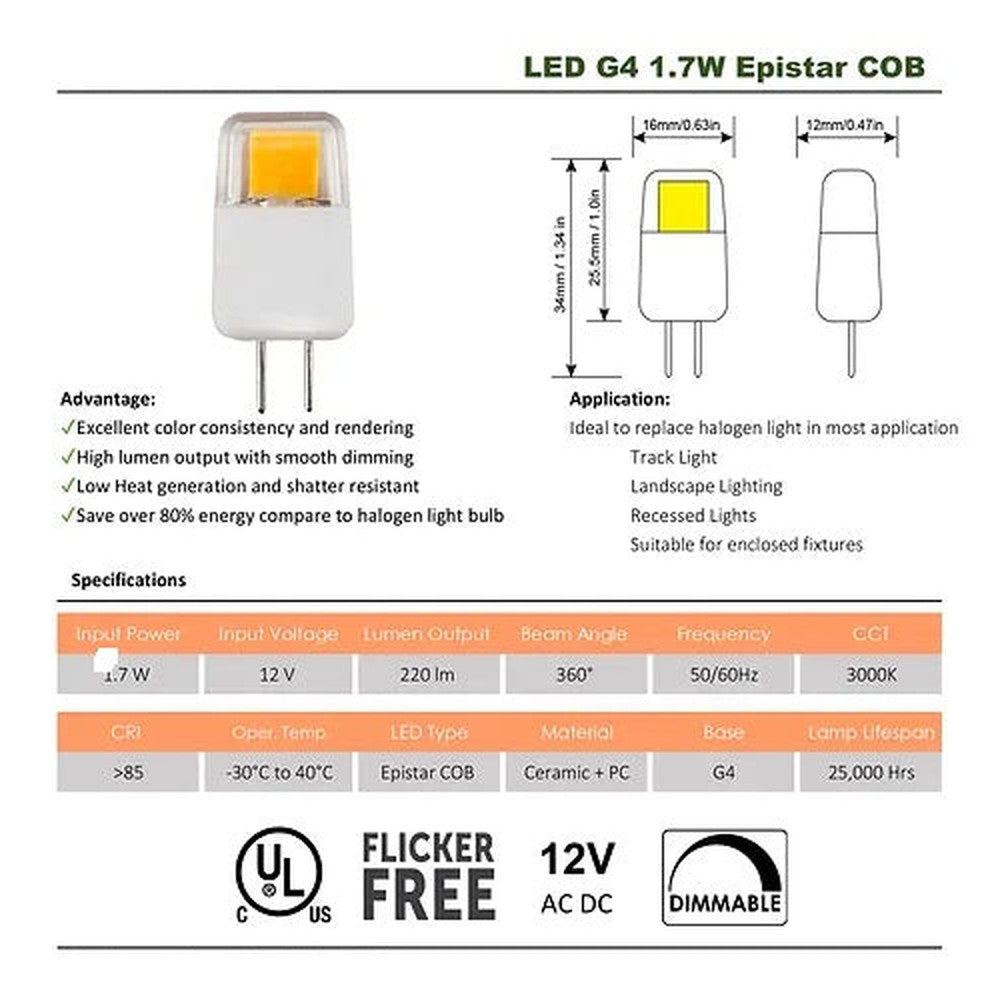 Ampoule LED G4 COB 1.7W 3000K - 5/pqt