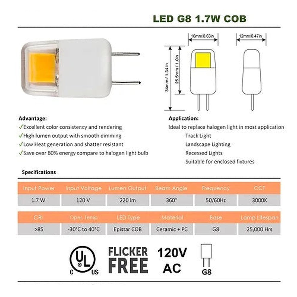 Ampoule LED G8 COB 1.7W 3000K - 10/pqt