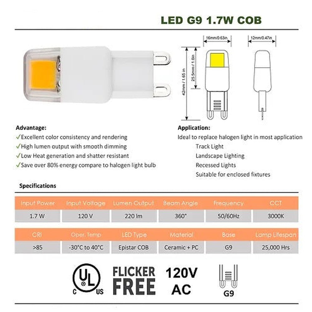Ampoule LED G9 COB 1.7W 3000K - 5/pqt