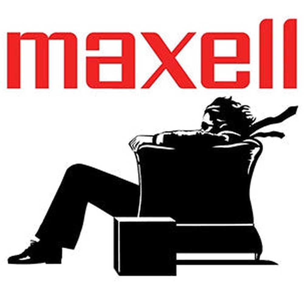 Logo Maxell avec silhouette, promotion des écouteurs sans fil Maxell pour une expérience audio optimale.