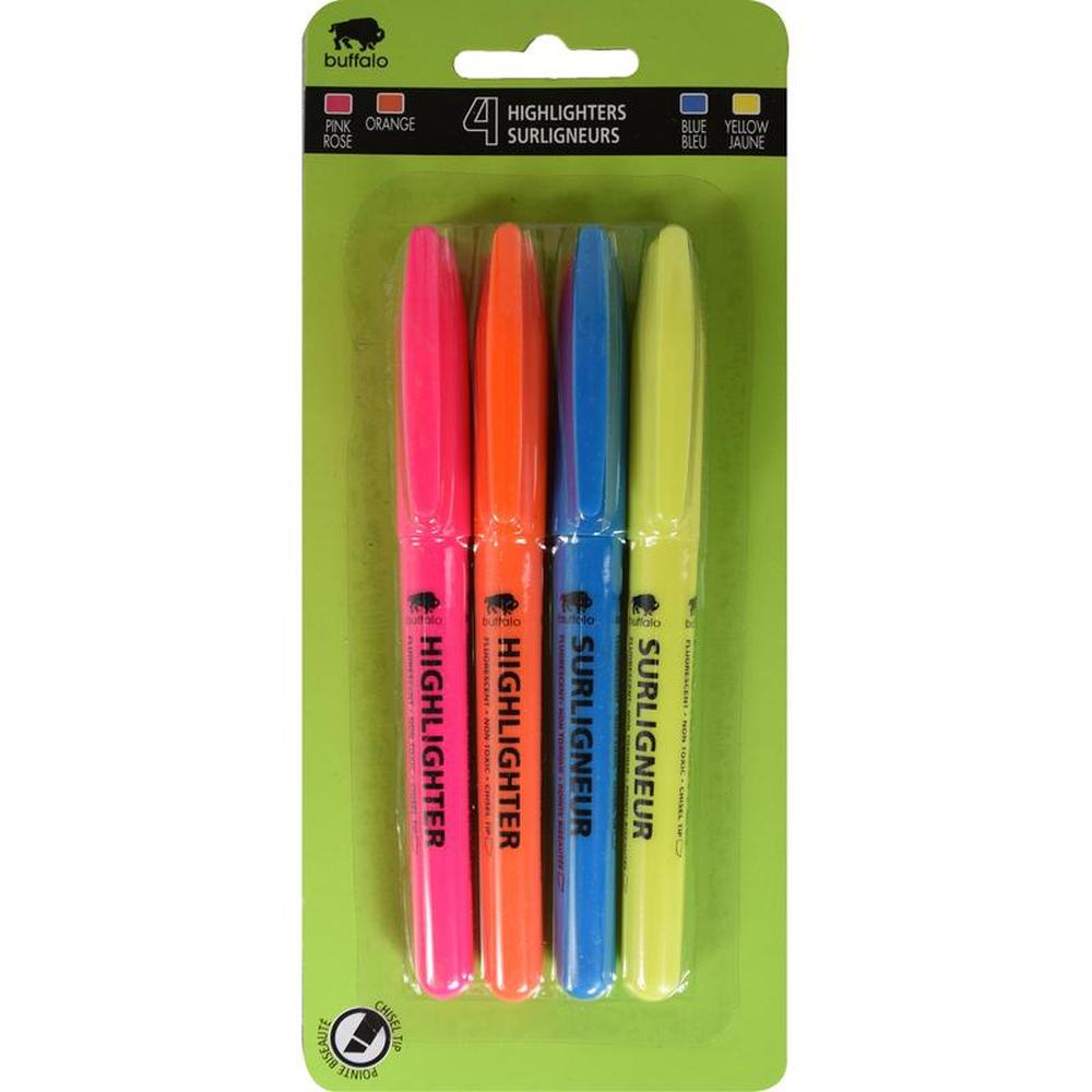 Buffalo Fine-Tip Highlighters - Set of 4 (Pink, Orange, Yellow, Blue)