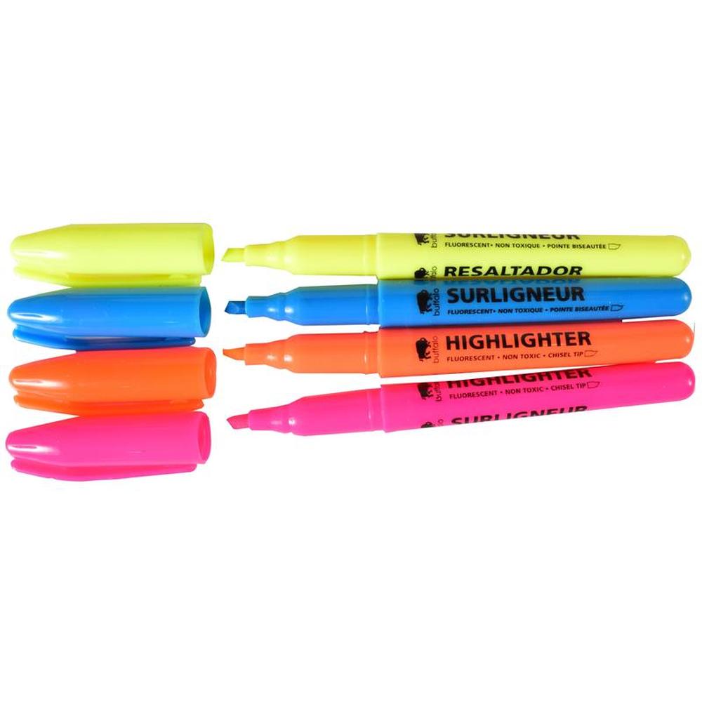 Buffalo Fine-Tip Highlighters - Set of 4 (Pink, Orange, Yellow, Blue)