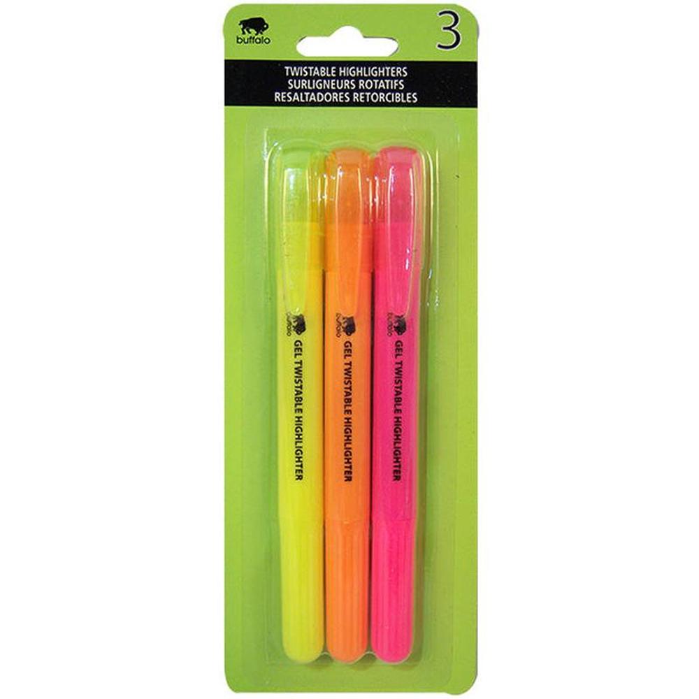 Buffalo Twistable Gel Highlighters - Pack of 3 (Yellow, Orange, Pink)