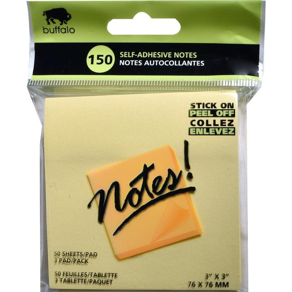 Buffalo Yellow Sticky Notes 7.5x7.5cm - 3 Pads of 50 Sheets