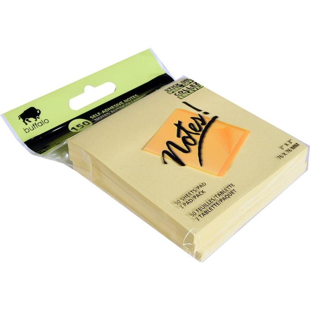 Buffalo Yellow Sticky Notes 7.5x7.5cm - 3 Pads of 50 Sheets