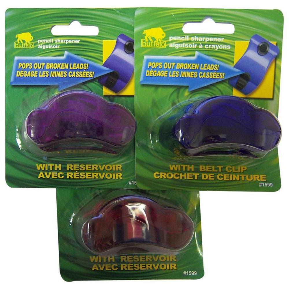 Buffalo Pencil Sharpener with Shavings Reservoir & Belt Clip - Assorted Colors